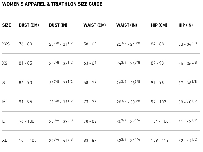 2XU Womens Apparel and Triathlon Size Guide 21 (image) 0 Strrelsesskema